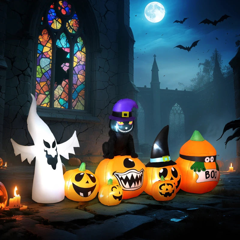 8FT Halloween Inflatables Combo - Pumpkin, Ghost & Cat with 9 LEDs - Self-Inflating Outdoor Decorations for Garden Party