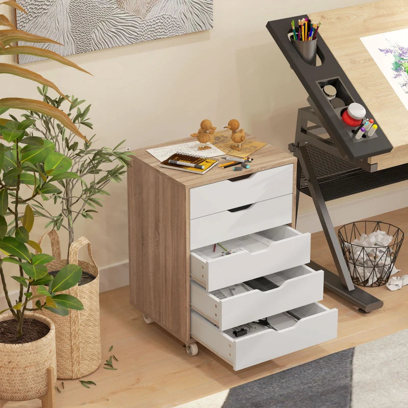 Vinsetto Oak Brown Five-Drawer Filing Cabinet on Wheels - Stylish Storage Solution for Home Office & Workspace