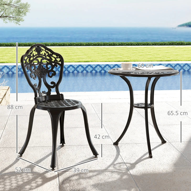 3 Piece Black Cast Aluminium Garden Bistro Set for 2 - Outdoor Coffee Table Set with Parasol Hole, Includes 2 Armless Chairs and Round Coffee Table for Balcony and Patio