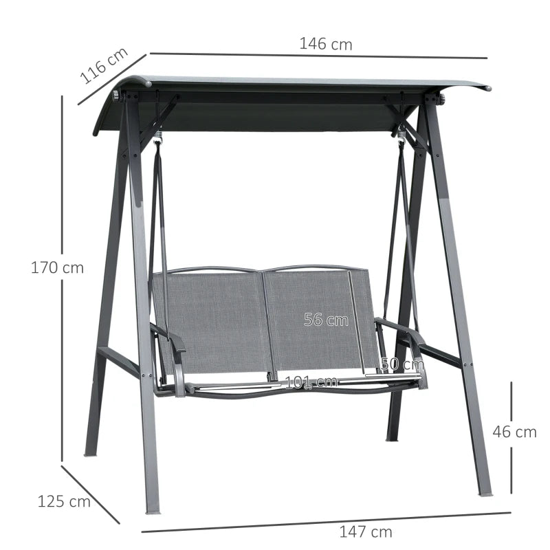 2 Seater Dark Grey Garden Swing Bench - Outdoor Canopy Swing Bench with Adjustable Shade, Metal Frame and Texteline Seat