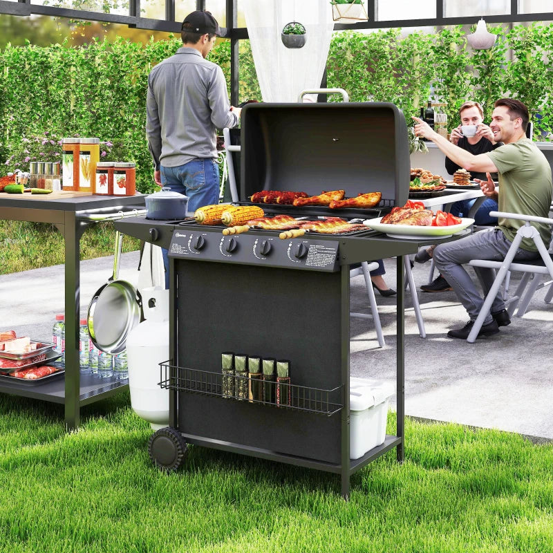 4+1 Burner Portable Gas BBQ Grill with Thermometer, Side Table, Wheels for Outdoor Cooking