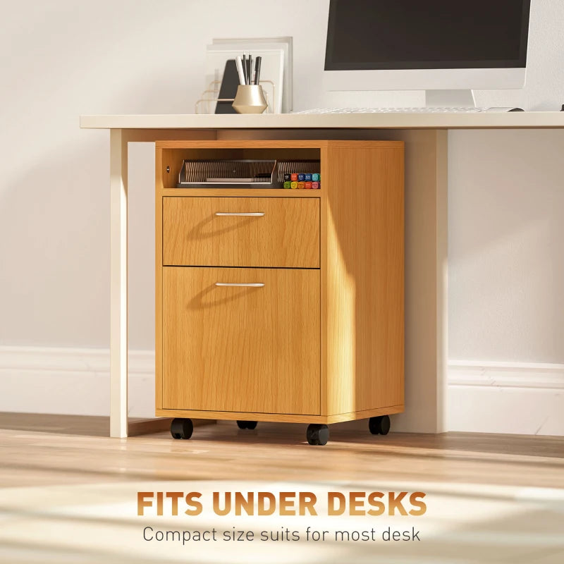 60cm Mobile Filing Cabinet with Drawer & Open Shelf, 4 Wheels, Metal Handles - Natural Wood Finish for Office & Home