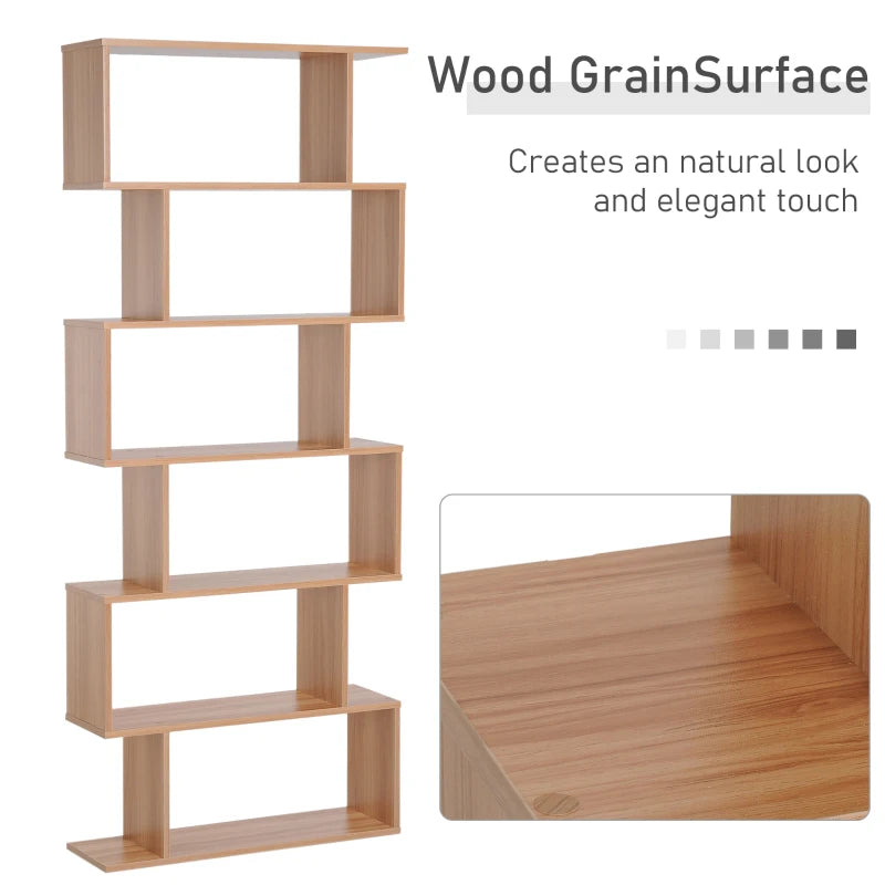 Unique 6-Tier S-Shaped Bookcase - Stylish Storage & Display Shelf for Living Room, Bedroom, Home Office, Plants - Maple Finish