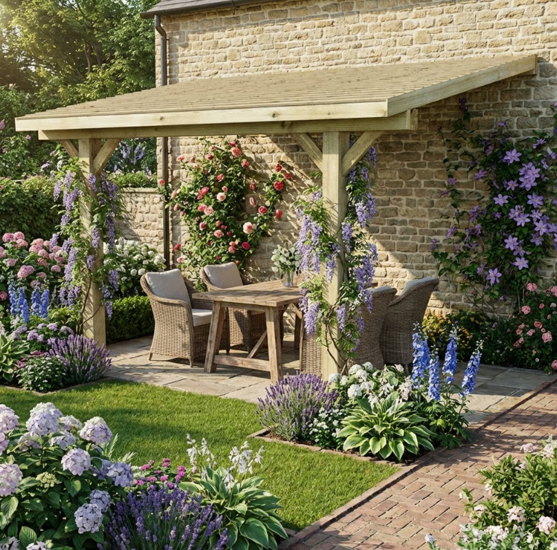 Wooden Lean-To Gazebo with Treated Featheredge Roof - Pressure-Treated Garden Structure