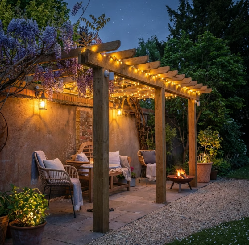 Wooden Lean-To Pergola with Open Slat Roof - Outdoor Garden Pergola Structure