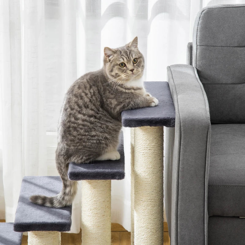 4-Step Dog Steps for Bed - Pet Stairs & Cat Ladder - Grey Scratch Post Design for Easy Access