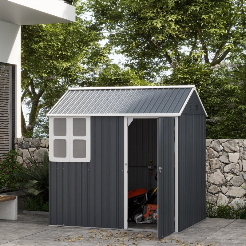 7x6ft Dark Grey Galvanised Garden Shed with Latch - Durable Outdoor Storage Solution
