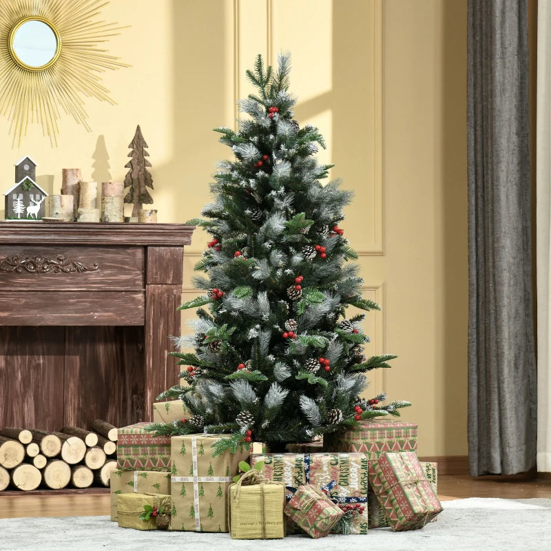 5FT Snow Dipped Christmas Pencil Tree with Red Berries & White Pinecones - Foldable Holiday Decoration for Home Parties