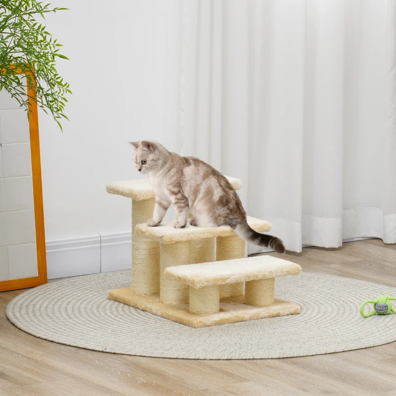 3-Step Pet Stairs Ladder for Cats & Dogs - Climb Easily to Cat Tree - Beige Pet Ramp