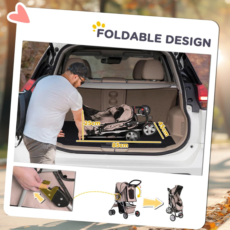 Foldable Pet Stroller for Small Dogs & Cats - Travel Carriage with Wheels, Zipper Entry, Cup Holder & Storage Basket - Brown