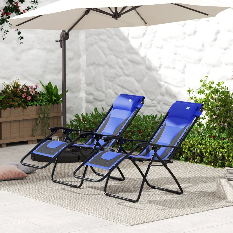 Blue Sun Lounger Chair Set of 2 - Folding Reclining Patio Chairs with Padded Seat, Cup Holder