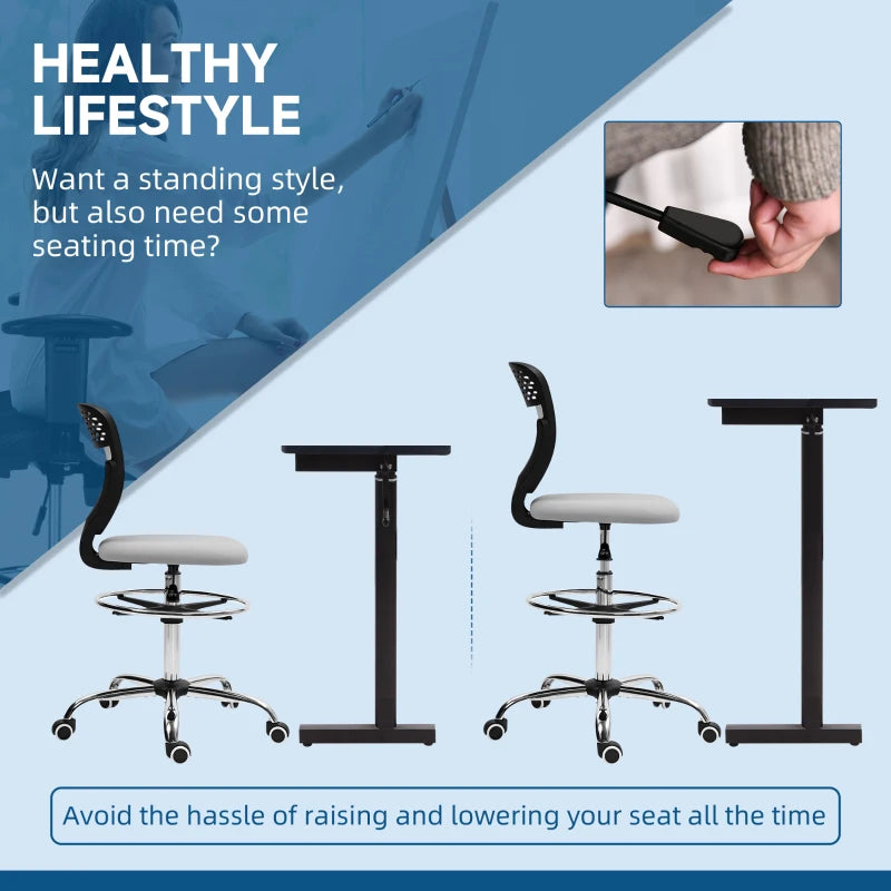 Vinsetto Light Grey Draughtsman Office Chair with Wheels, Adjustable Height 68-88cm, Ergonomic Design for Home & Office