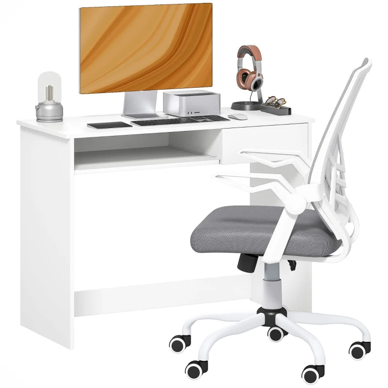 Vinsetto Home Office Chair & Desk Set - Ergonomic Mesh Chair with Flip-up Armrests, Study Desk with Keyboard Tray, White & Grey