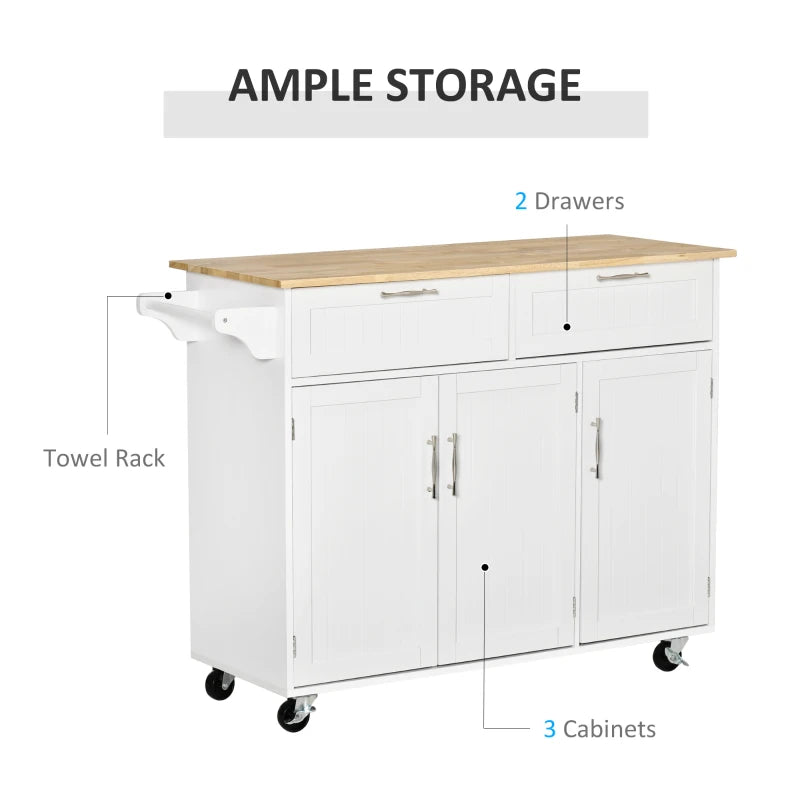 White Kitchen Island Utility Cart with 2 Storage Drawers & Cabinets - Perfect for Dining Room Organization
