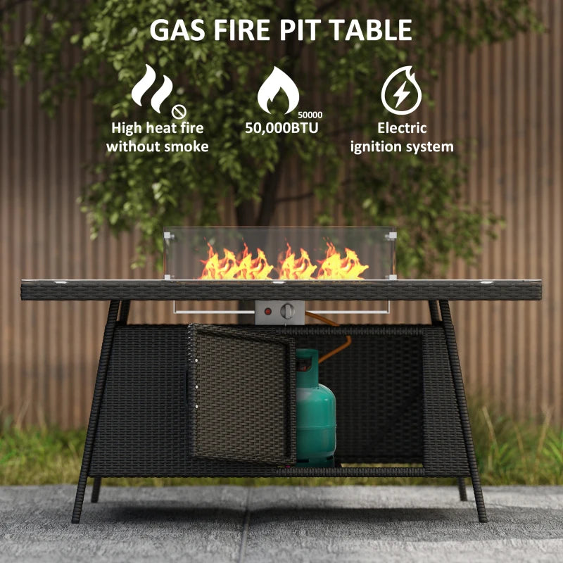 7-Piece Black Outdoor Rattan Garden Furniture Set with Fire Pit Table, 6-Seater Dining Set with Cushions and Propane Heater, 50,000 BTU