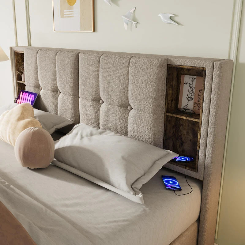 Upholstered Double Bed with Wireless Charging and Hydraulic Storage in Natural Linen Fabric