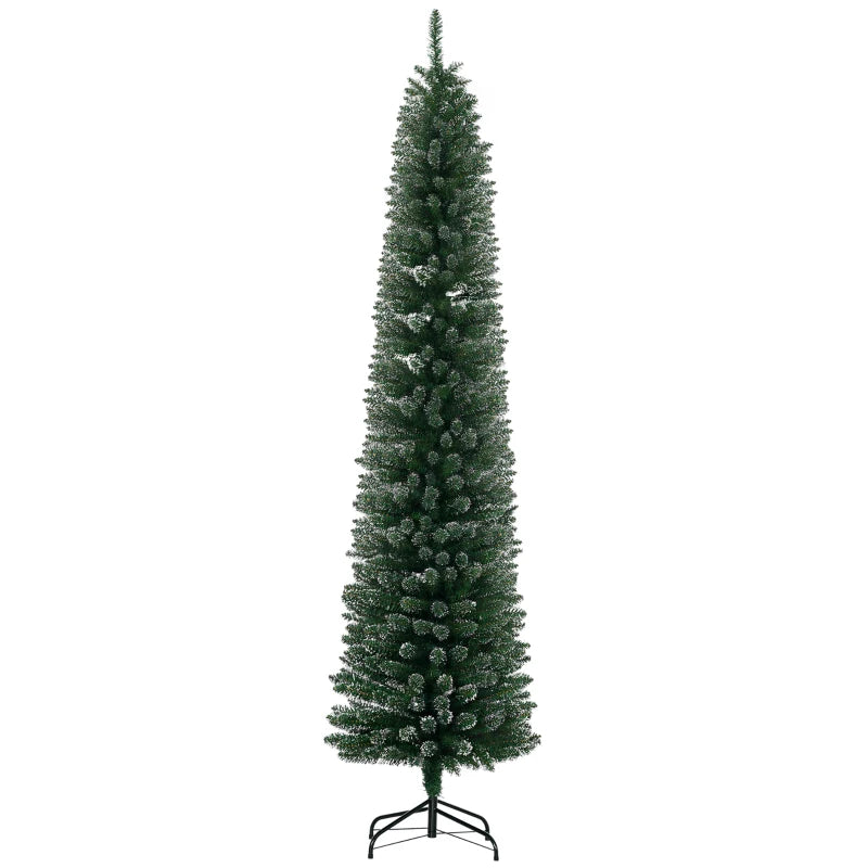 7.5FT Snow Dipped Christmas Pencil Tree - Foldable Black Stand, Green Holiday Indoor Decoration for Festive Home Decor