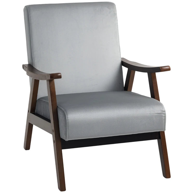 Nordic Accent Chair - Upholstered Velvet Armchair with Solid Wood Frame & Thick Padding for Living Room/Bedroom - Grey