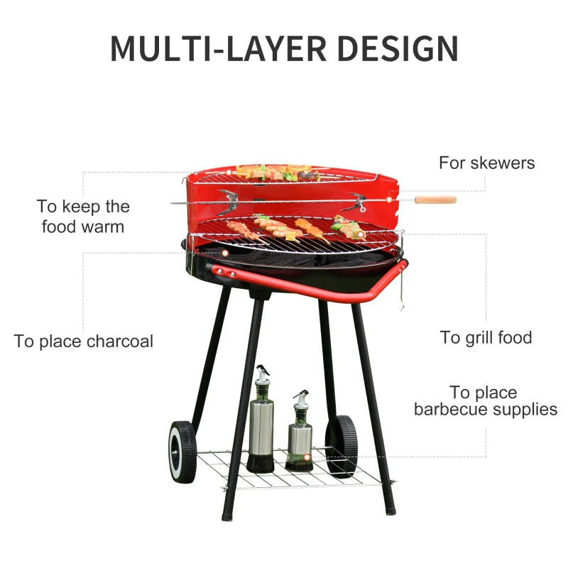 Portable Charcoal BBQ Grill with Wheels - Red/Black, 75.5 x 50 x 82 cm