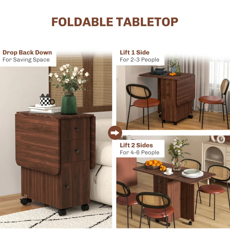 Multi-Storage Drop Leaf Dining Table for Six - Distressed Brown Finish, Space-Saving Design, Perfect for Family Gatherings