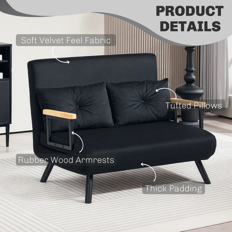 Velvet-Feel Double Sofa Bed with Pillows in Black - Versatile 4-in-1 Design for Comfort and Style