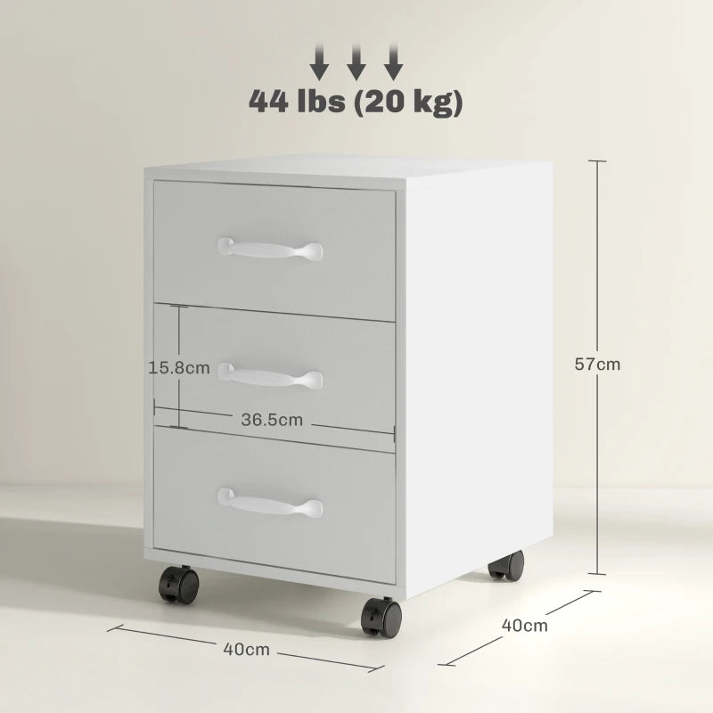 3 Drawer Mobile File Cabinet on Wheels - White Storage Solution for Home Office & Study