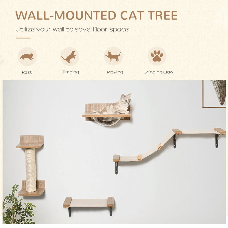 4PC Wall-Mounted Cat Climbing Shelf Set - Cat Tree Activity Center with Hammock & Scratching Post - Brown