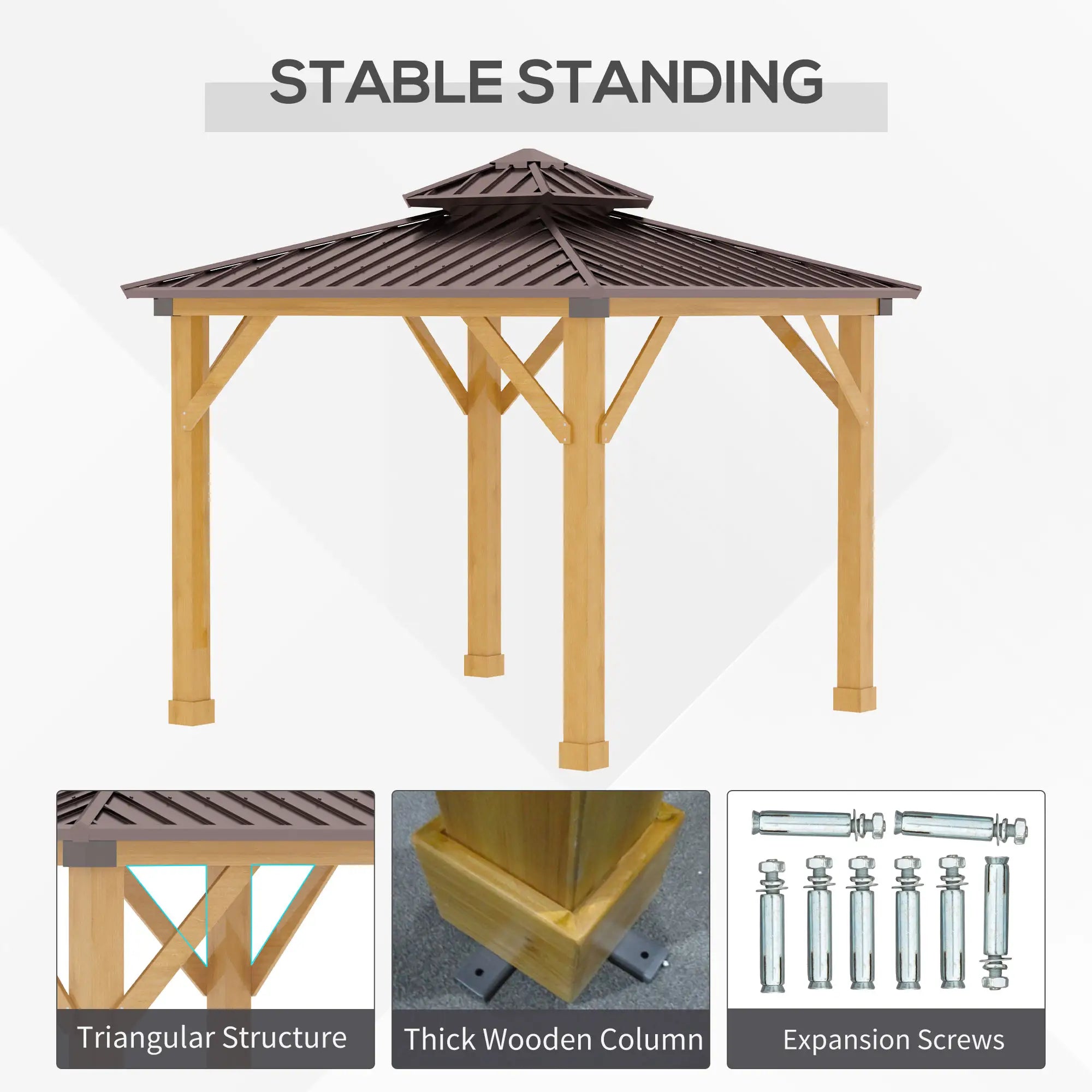 Brown 3m x 3m Hard Top Gazebo With 2-Tier Roof and Solid Wood Frame