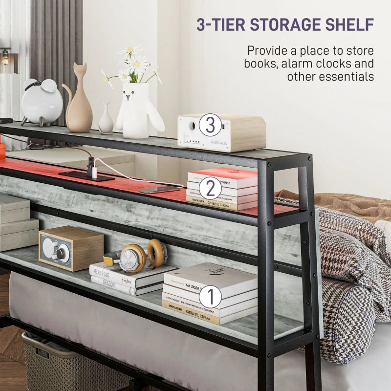 King Steel Bed Frame with LED Lights & Headboard Shelf - Modern Grey Design for Stylish Bedrooms