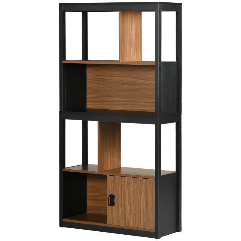 Modern 4-Tier Bookshelf with Closed Cabinet - Freestanding Bookcase for Living Room, Home Office & Study - Walnut Brown