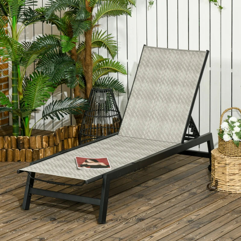 Grey Rattan Sun Lounger with 5-Position Backrest and Wheels