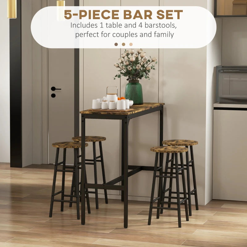 5-Piece Industrial Bar Table Set with 4 Stools - Rustic Brown Dining Table and Chair Set for Home or Kitchen