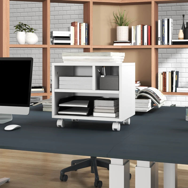 Versatile Three-Compartment Printer Cabinet on Wheels - Stylish White Storage Solution for Home Office and Workspace