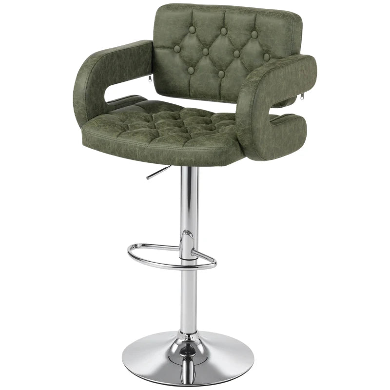 Green PU Leather Swivel Bar Stool - Height Adjustable, Upholstered with Back, Armrest & Footrest for Comfort
