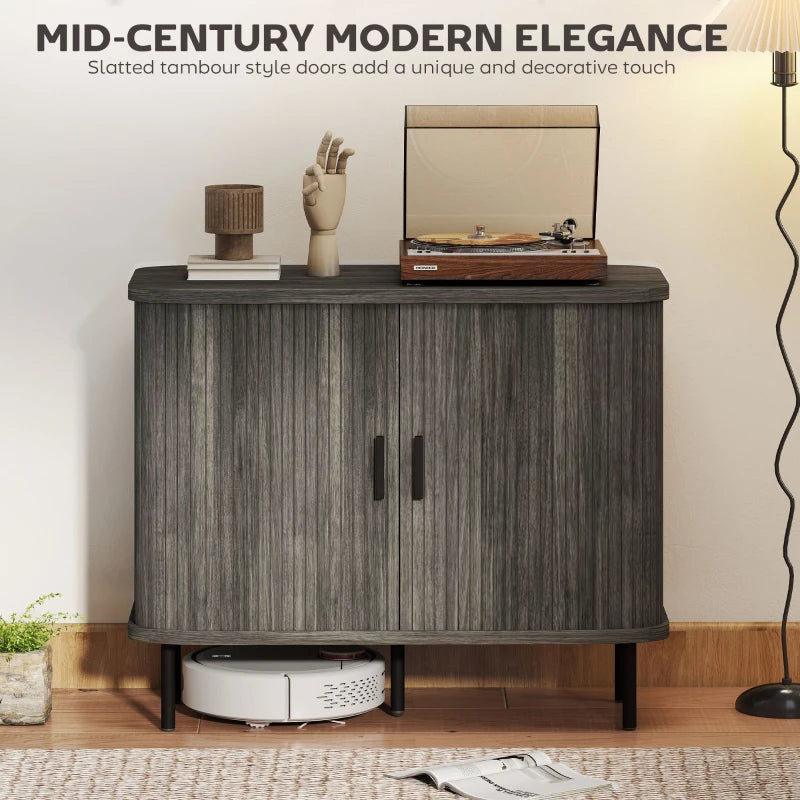 Mid-Century Modern Sideboard Storage Cabinet with Slatted Tambour Doors & Steel Legs - Stylish Grey Kitchen Cabinet