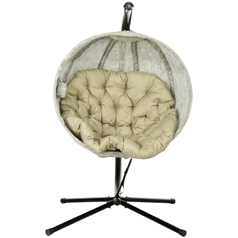 Hanging Egg Chair - Khaki Outdoor Indoor Garden Swing Chair with Stand, Thickened Cushion & Cup Holder - Folding Basket Design