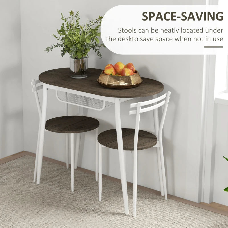 3-Piece Oval Dining Table Set with 2 Chairs & Wire Storage Shelf - Natural Steel Frame Kitchen Furniture