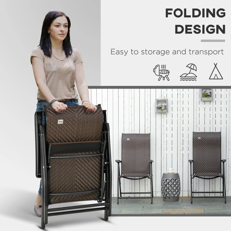 Set of 2 Adjustable Folding Garden Chairs - 7-Position Recline, Brown Outdoor Seating for Patio & Deck