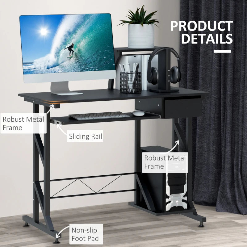 Modern Black Computer Desk with Display Stand, Sliding Keyboard Tray, and Host Box Shelf for Home Office Workstation
