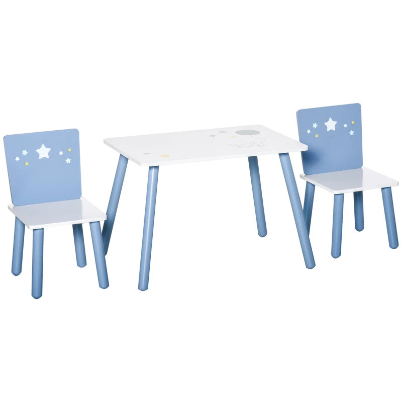 3 Pcs Kids Table & Chairs Set - Safe Corners, Wood Legs, Cute Stars - Mini Furniture for Playroom & Bedroom - Blue