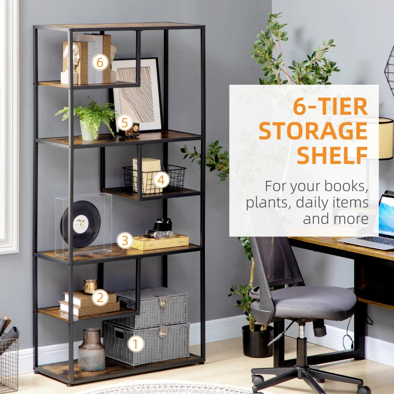 Industrial 6-Tier Metal Bookcase Shelf - Rustic Brown Storage Shelves for Living Room, Home Office & Bedroom
