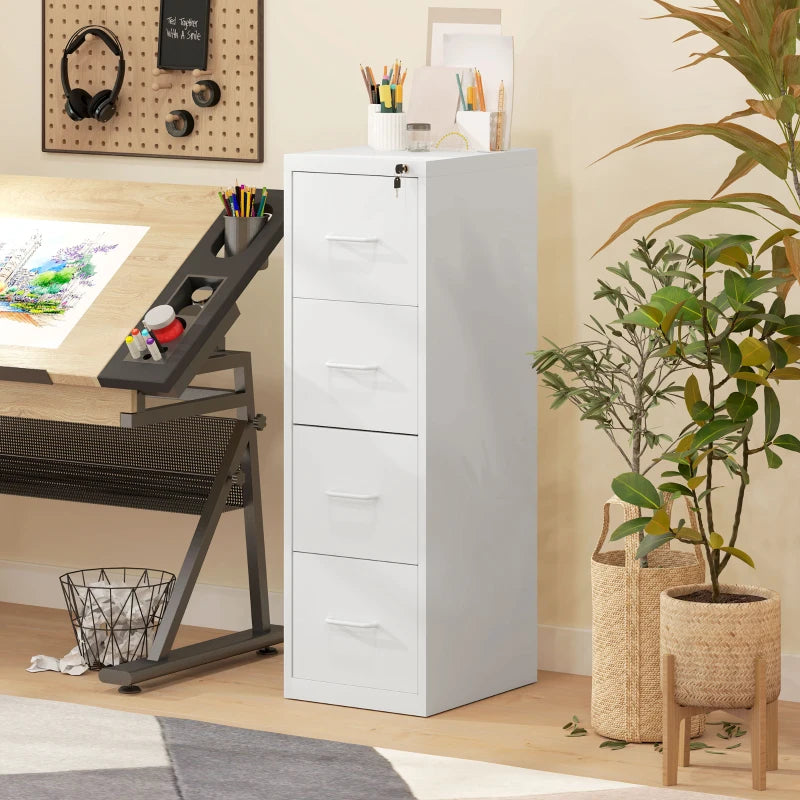 Modern White Four-Drawer Steel Filing Cabinet - Durable Office Storage Solution for Organizing Documents and Files