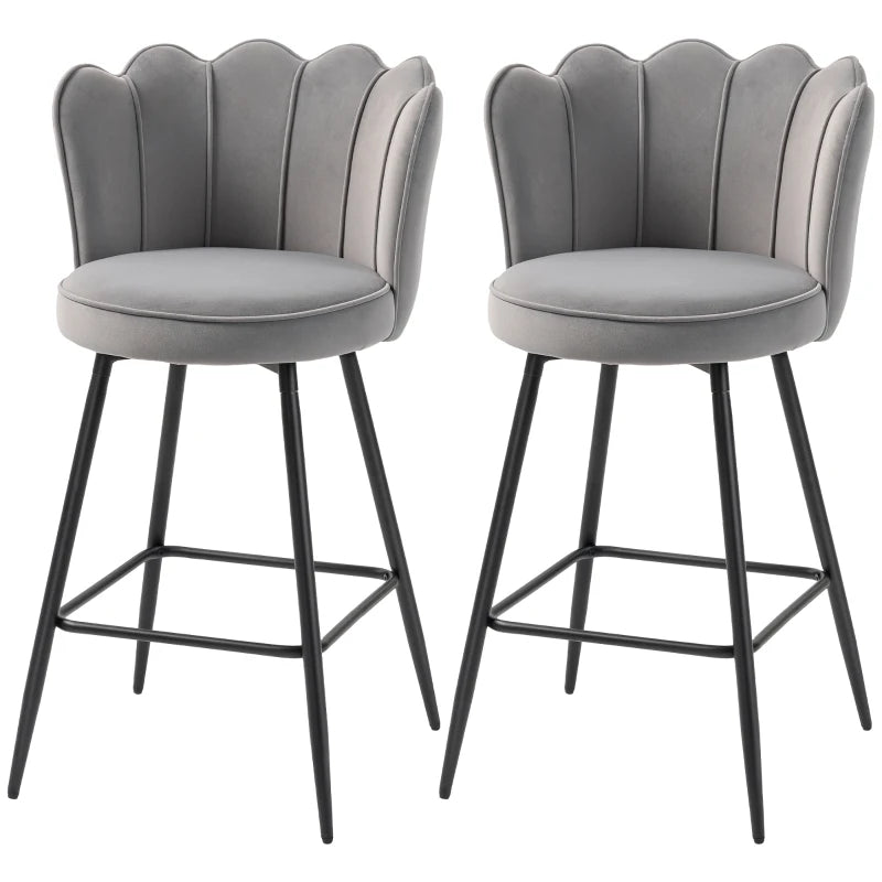 Set of 2 Grey Velvet-Feel Lotus Bar Stools - Stylish Modern Seating for Kitchen or Home Bar