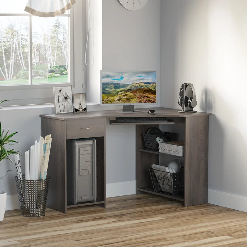 L-Shaped Corner Computer Desk with 2 Shelves, Keyboard Tray, Drawer & CPU Stand - Grey Home Office Furniture