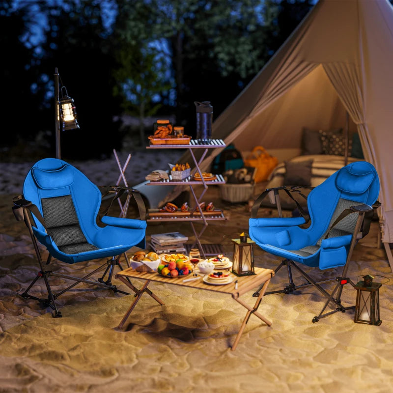 Adjustable Blue Camping Chair Set of 2 - Portable Swinging Hammock with Cup Holder, Headrest, Padded Seat & Carry Bag for Travel, Fishing & Hiking