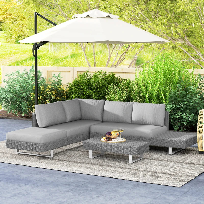 5-Seater Light Grey Rattan Wicker Sofa Set with Cushions and Patio Tea Table
