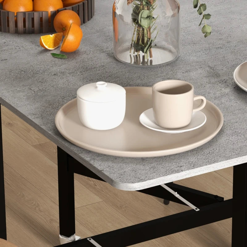 Mobile Drop Leaf Folding Dining Table with 6 Wheels & Brakes - Space-Saving Kitchen Table in Grey Marble Effect