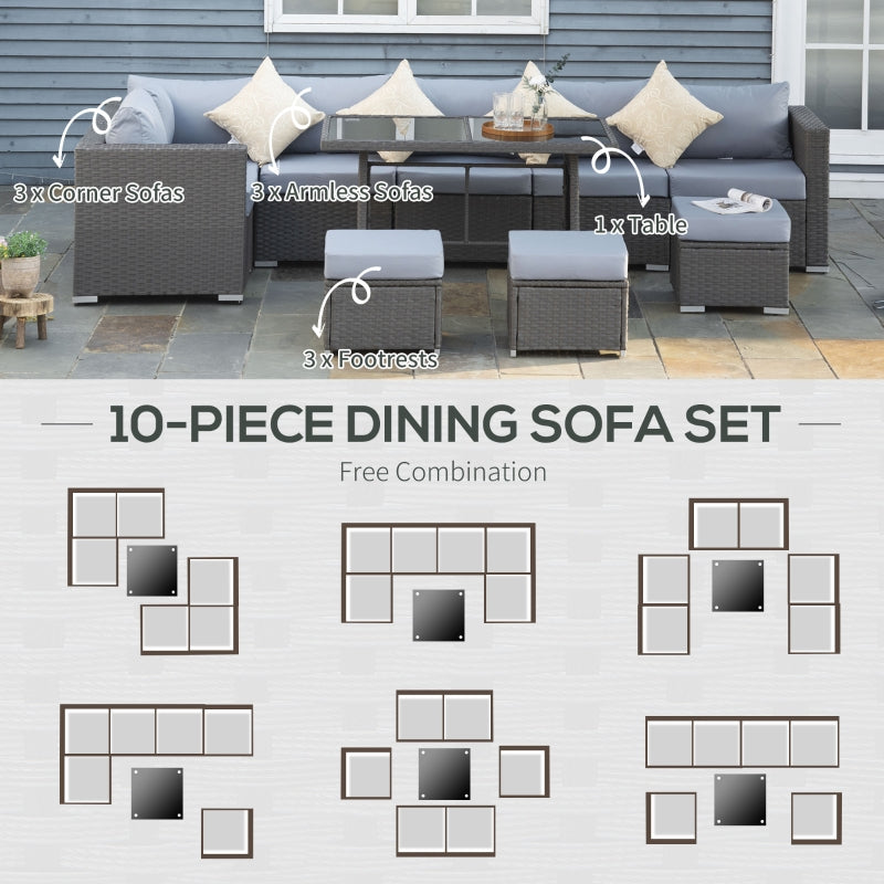 9-Seater Rattan Corner Sofa Set - 10 Pieces With Grey Frame and Dusty Blue Cushions