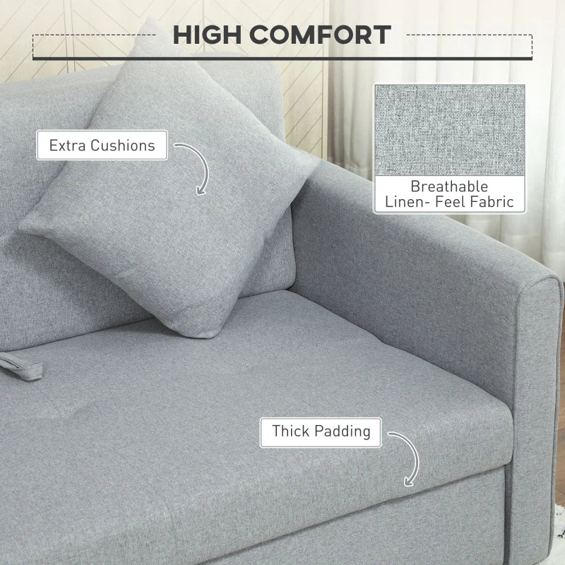 Modern 2 Seater Sofa Bed with Hidden Storage, Linen Loveseat Couch and Cushions for Living Room, Light Grey
