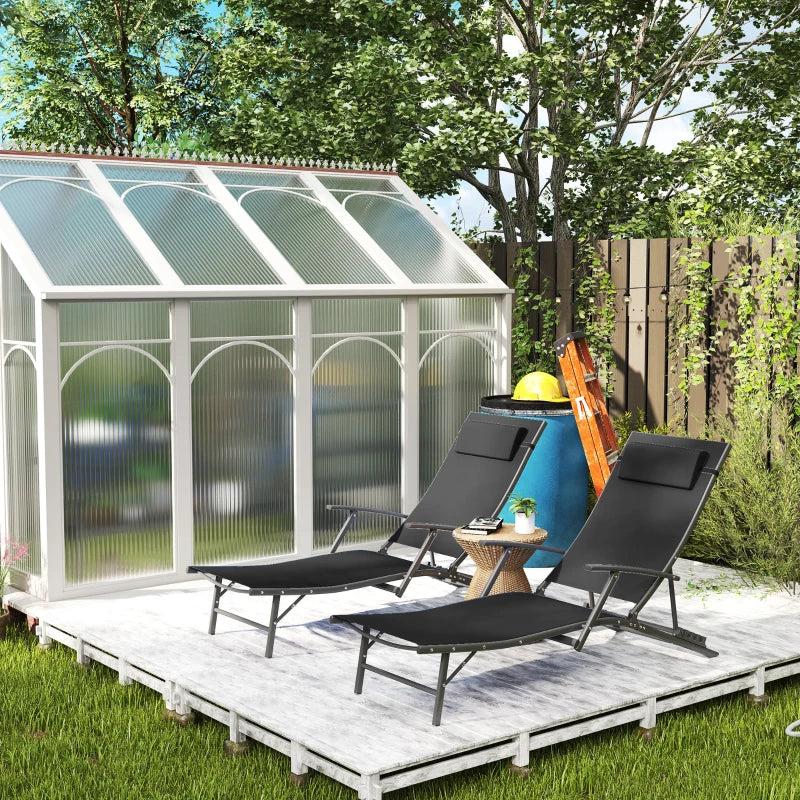 Set of 2 Adjustable Folding Sun Loungers - Black Outdoor Chaise Lounge Chairs with Armrests and Pillows, 4 Positions, Steel Frame for Garden, Patio, Beach and Poolside